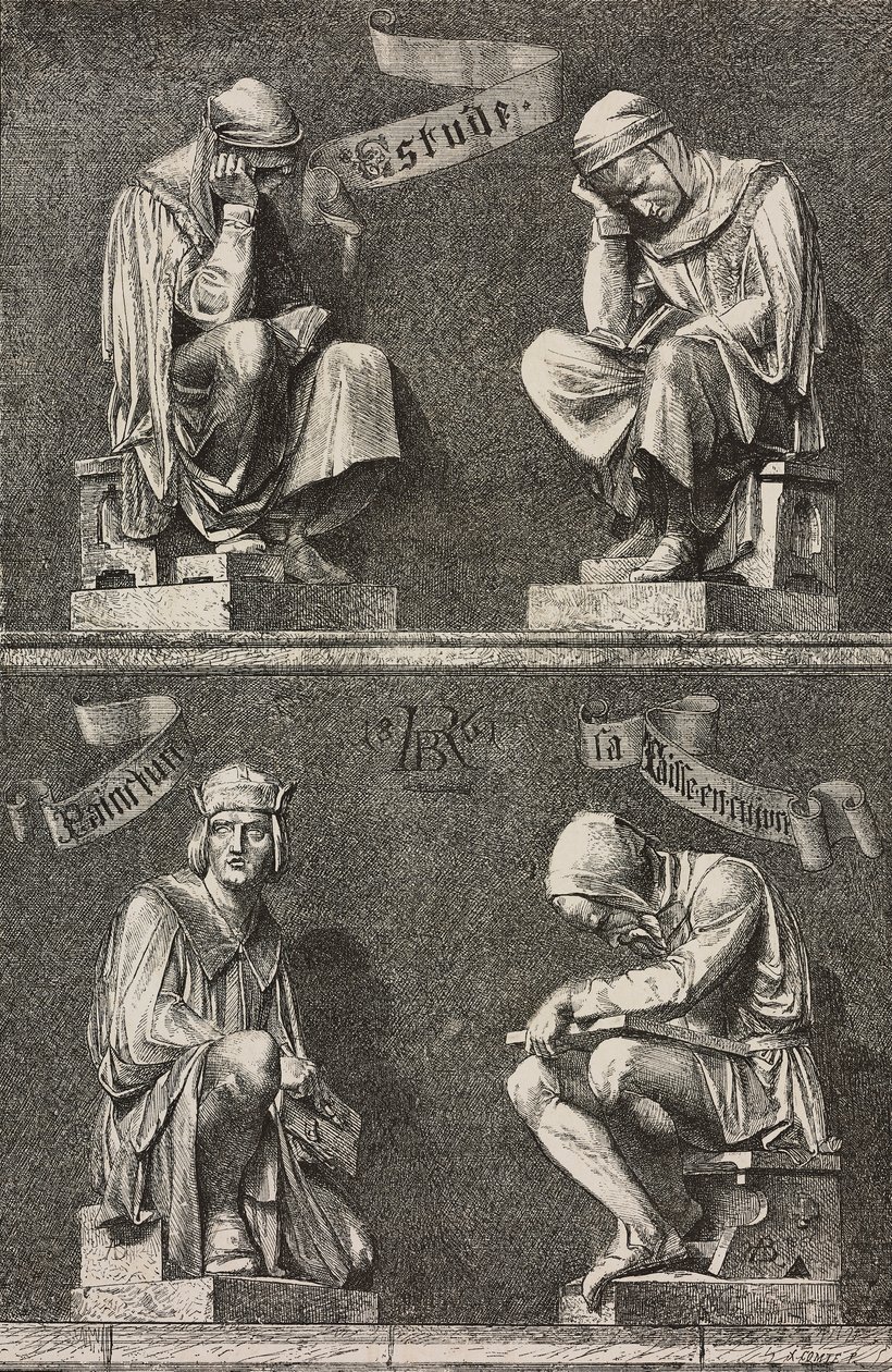 Allegory of Study, decorative figures at the base of the statue of Martin Schongauer by Frederic Auguste Bartholdi