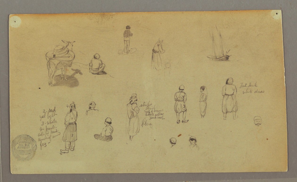 Figure Studies, Pack Donkey, Sailboat, Possibly 1868 by Frederic Edwin Church