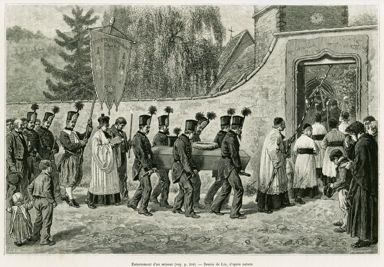 Burial of a Minor. Engraving by Lix, to illustrate the story 