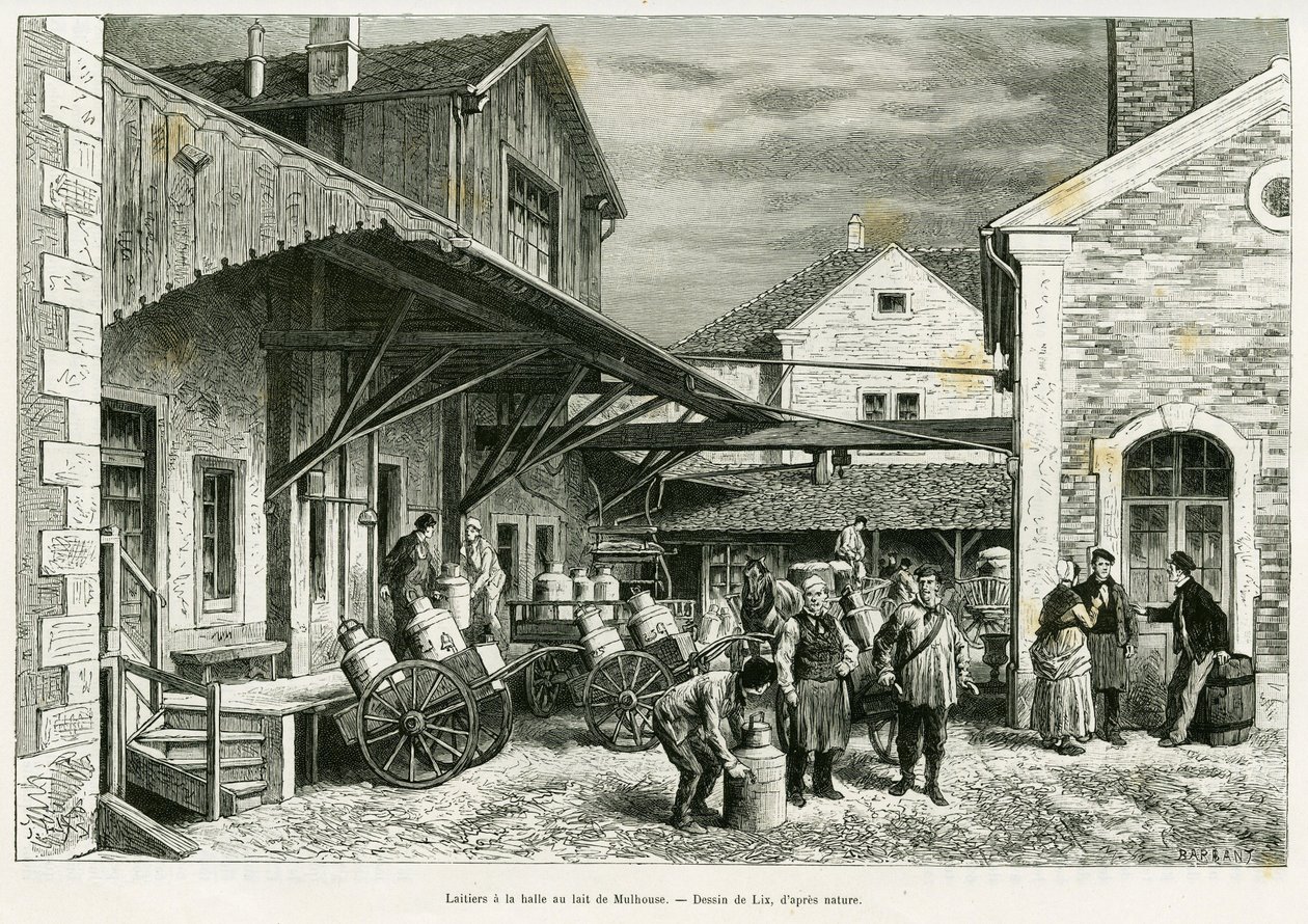 Dairy at the Milk Hall of Mulhouse. Engraving by Lix to illustrate the story 