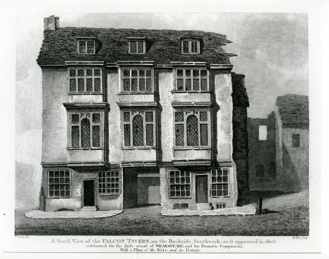 A South View of the Falcon Tavern, on the Bankside, Southwark, engraved by William Wise by Frederick Nash