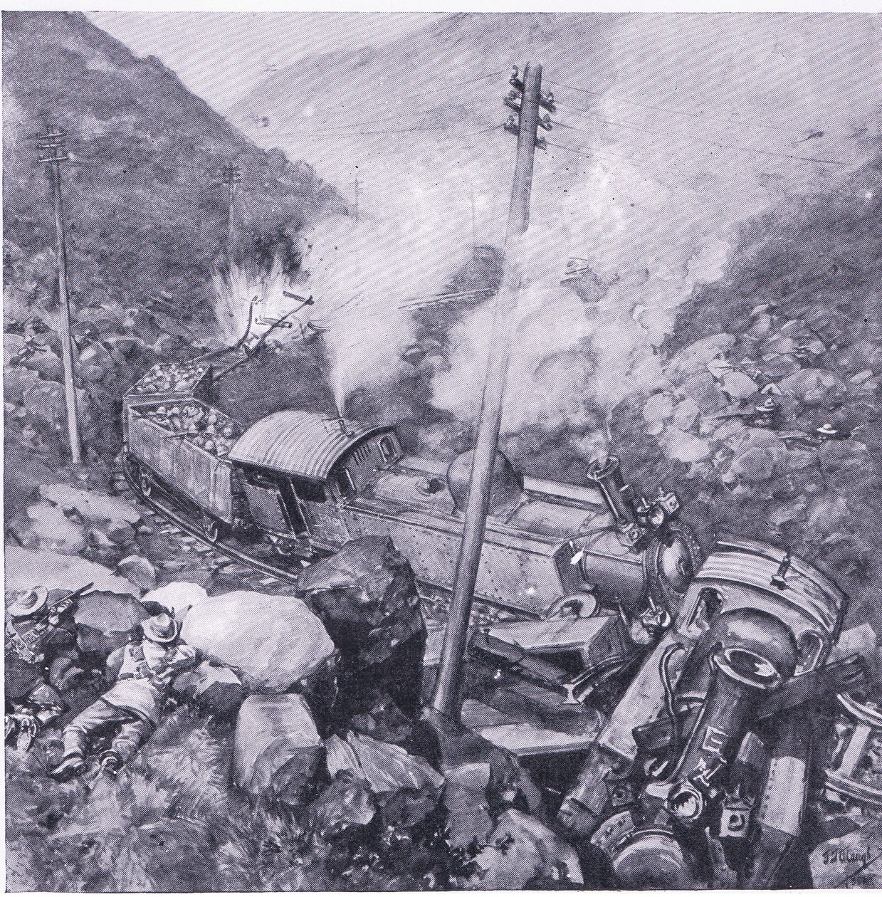 The wrecking of an armoured train near Vlakfontein (illustration from After Pretoria: The Guerilla War, 1902) by Frederick Judd Waugh