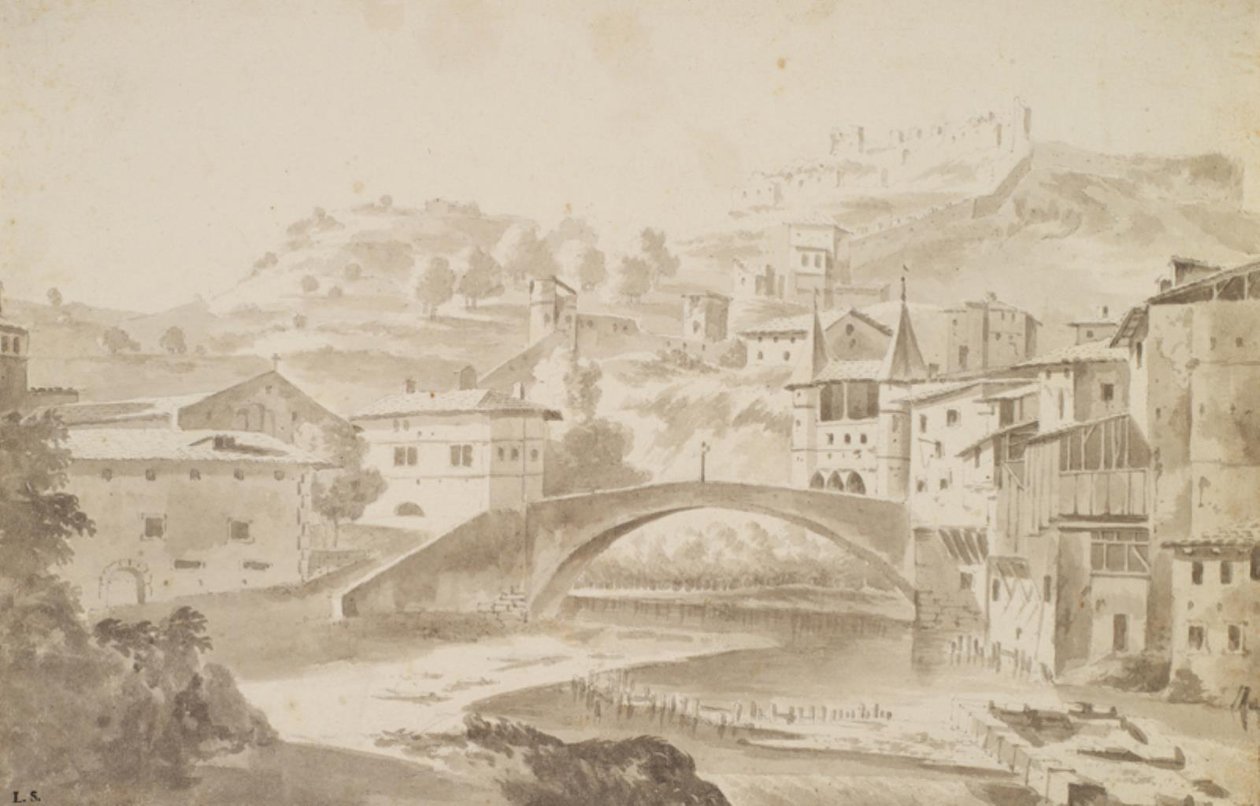 Vienne, near Lyon. Pont Saint-Martin over the Gère River. Left: Prieuré de Saint-Martin, Right: Porte de la Rochette and Pipet Castle by Frederik de Moucheron