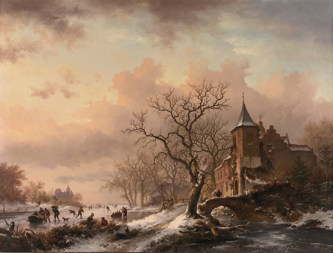 Castle in a Winter Landscape and Skaters on a Frozen River by Fredrik Marinus Kruseman