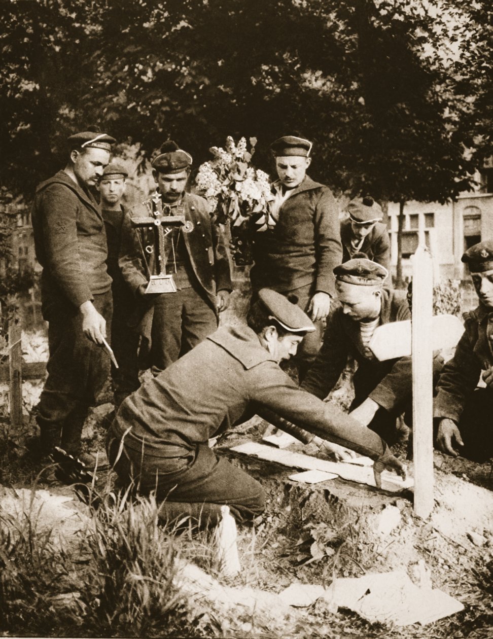 Marine Riflemen Decorate a Grave at Nieuport Cemetery, 1915 by French Photographer