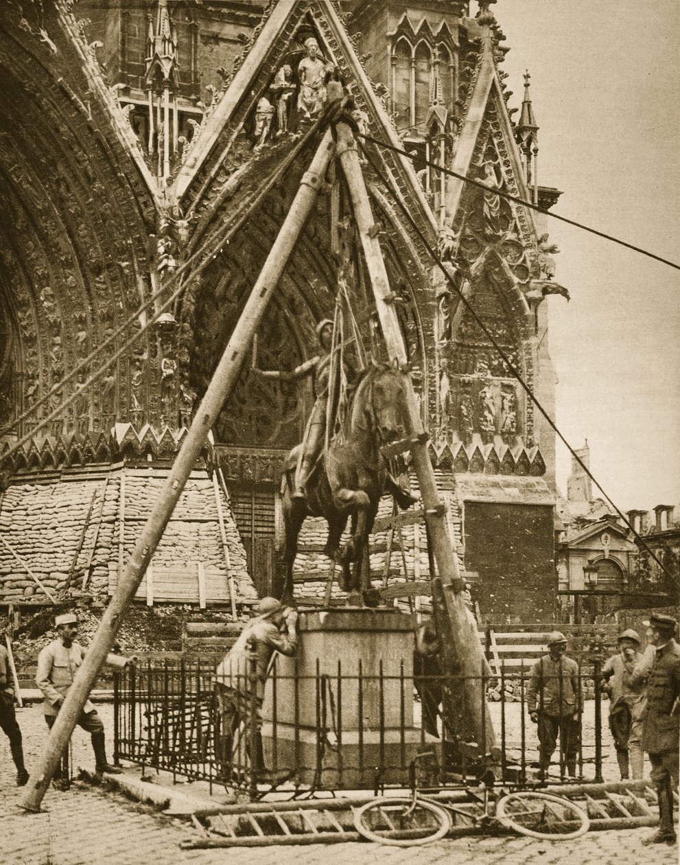 Reims Cathedral, securing bronze statue by French Photographer