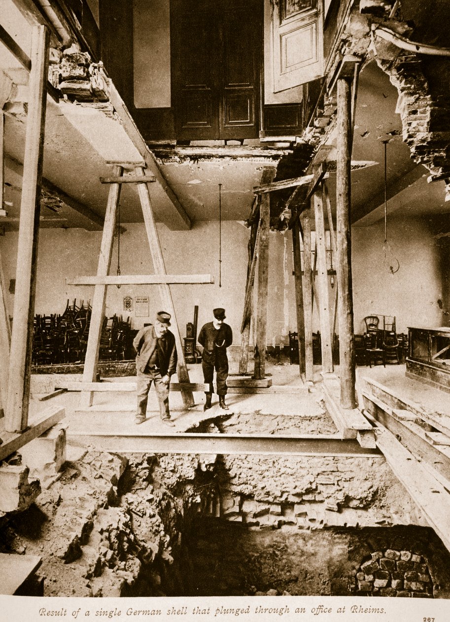Result of a single German shell that plunged through an office at Rheims, 1914-19 by French Photographer