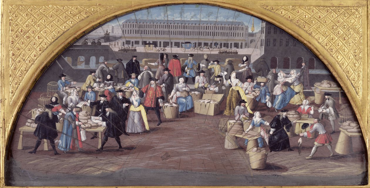 Bread and Poultry Market at Quai des Grands Augustins, Design for a Fan, c.1670 by French School