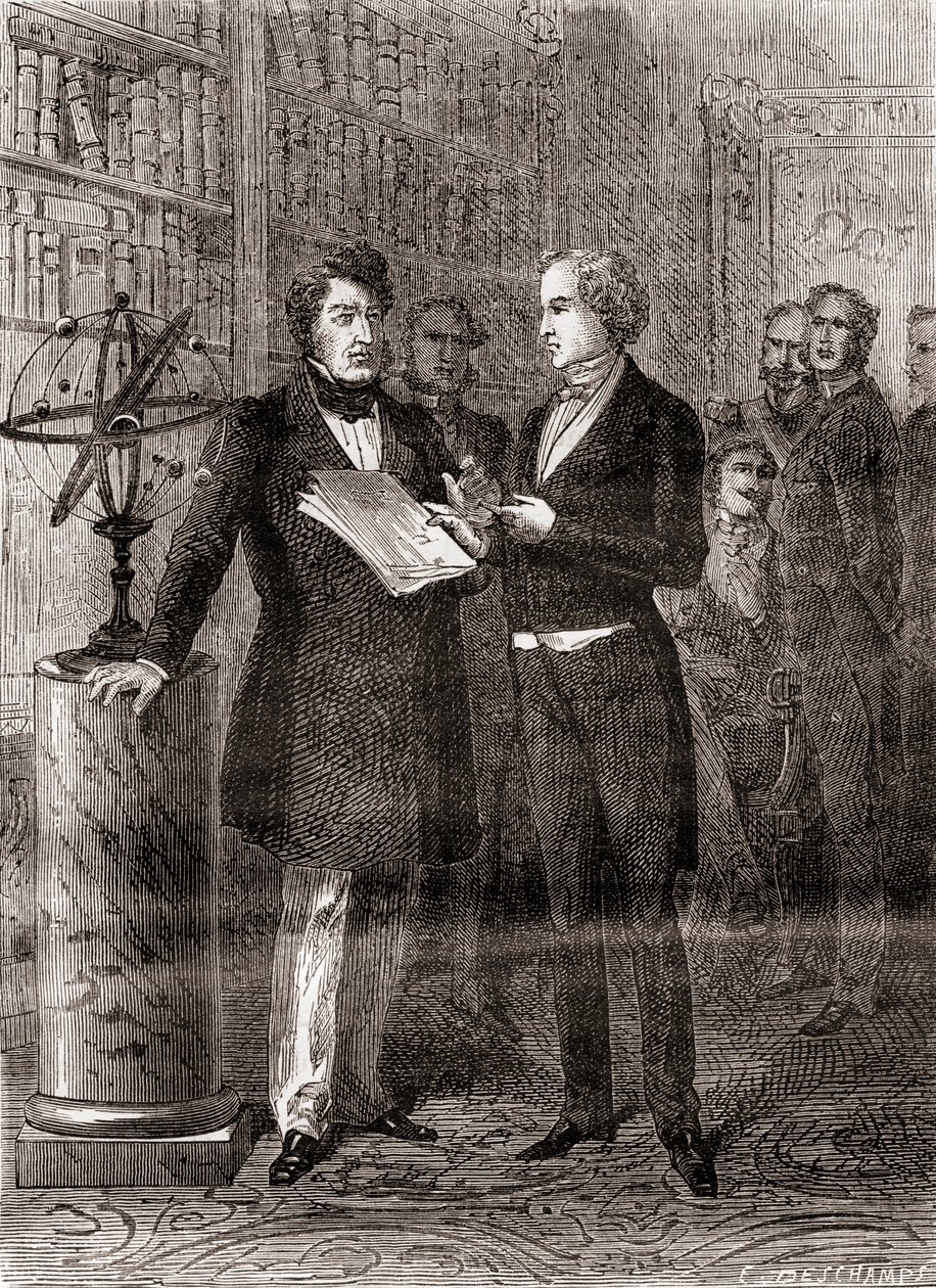 Urbain Jean Joseph Le Verrier, right, received by King Louis-Philippe, left, at The Tuilleries, Paris, France, after his discovery of the planet Neptune in 1846, from Les Merveilles de la Science, published c.1870 by French School