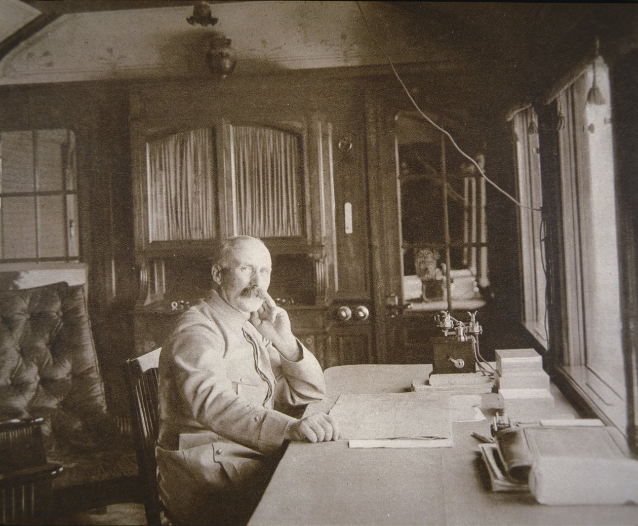 General Pétain in his railway wagon-salon HQ during the Battle of Verdun, February-December 1916 by French Photographer