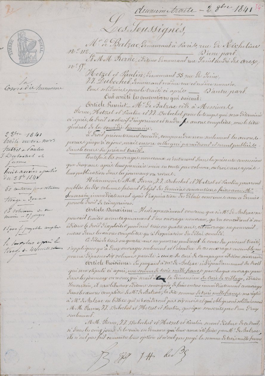 2nd Contract document relating to La Comedie Humaine between Honore de Balzac and Hetzel, Paulin, Dubochet and the publisher Charles Furne, 2nd October 1841 by French School