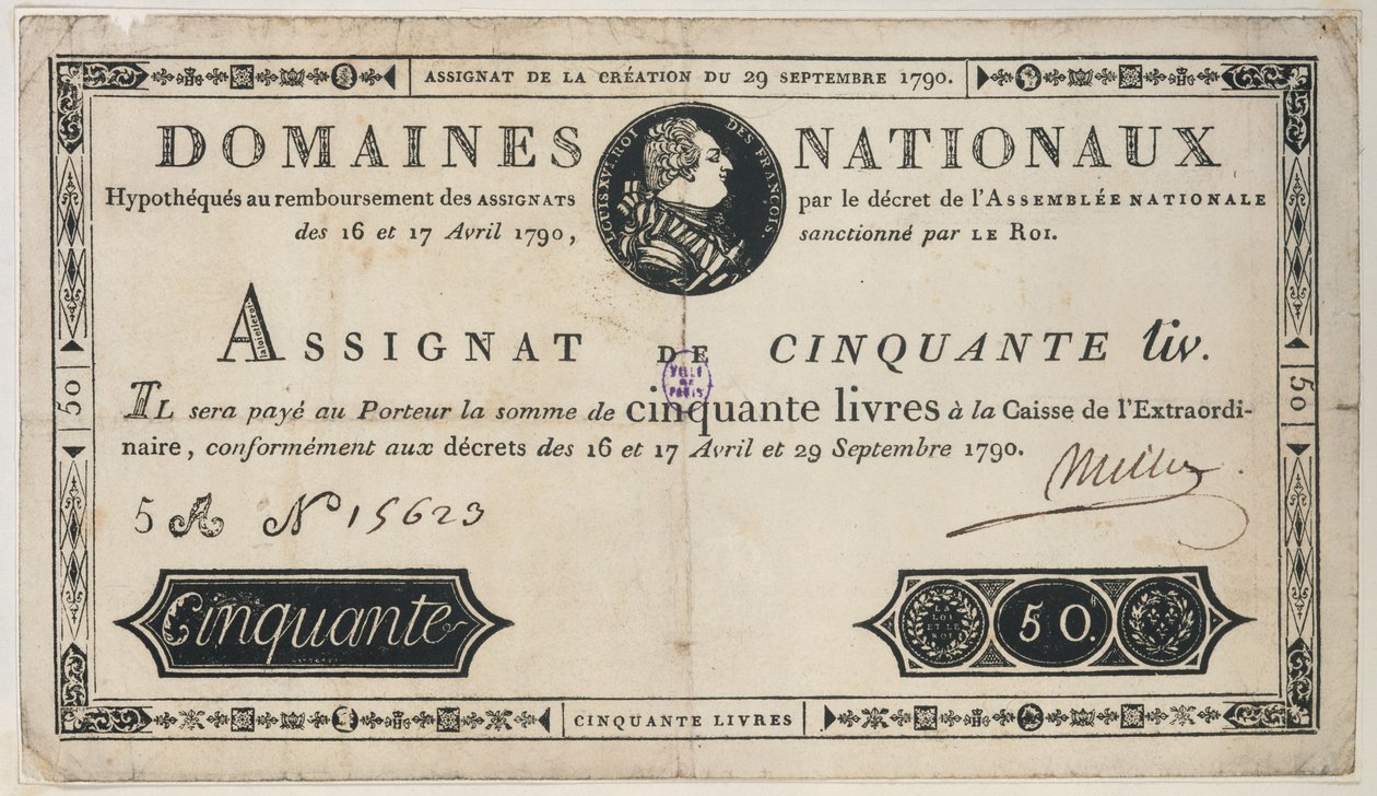 50 livres bank note, 29th October 1790 by French School