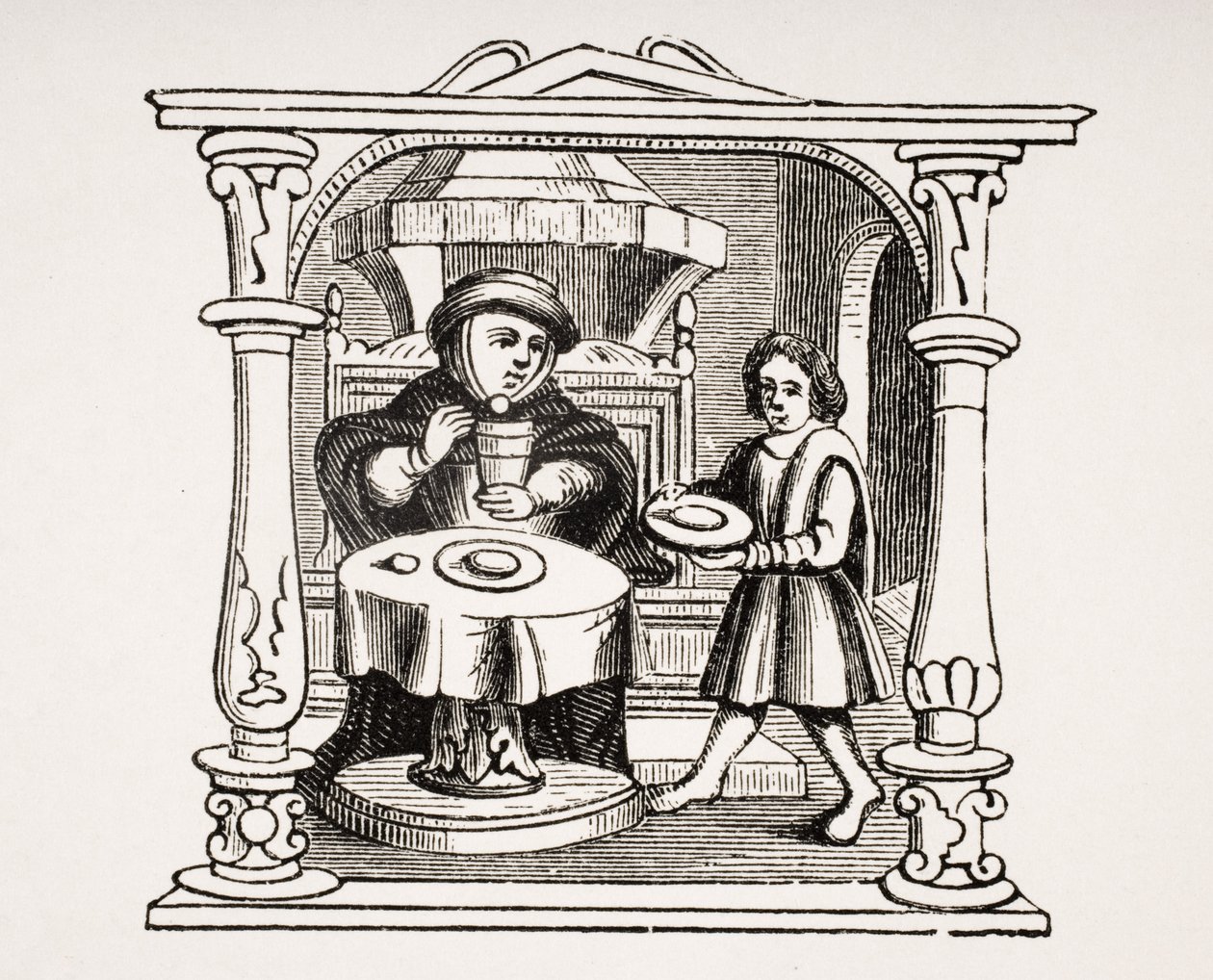 A Burgess Eating his Meal, after an illustration in a 16th century manuscript, from Le Moyen Age et La Renaissance by Paul Lacroix (1806-84) published 1847 by French School