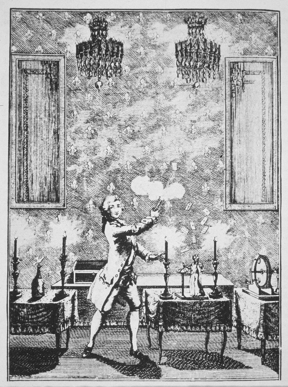 A Demonstration of Conjuring from La magie Blanche devoilee by Decremps, 1659, illustrated in a History of Magic, published late 19th century by French School