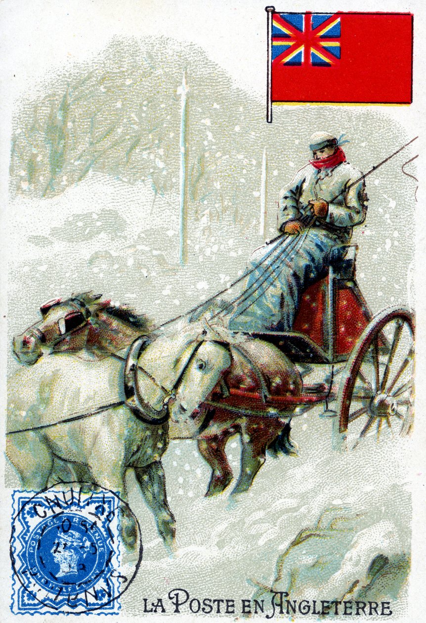 A Postman in England delivering mail in winter, late 19th century by French School