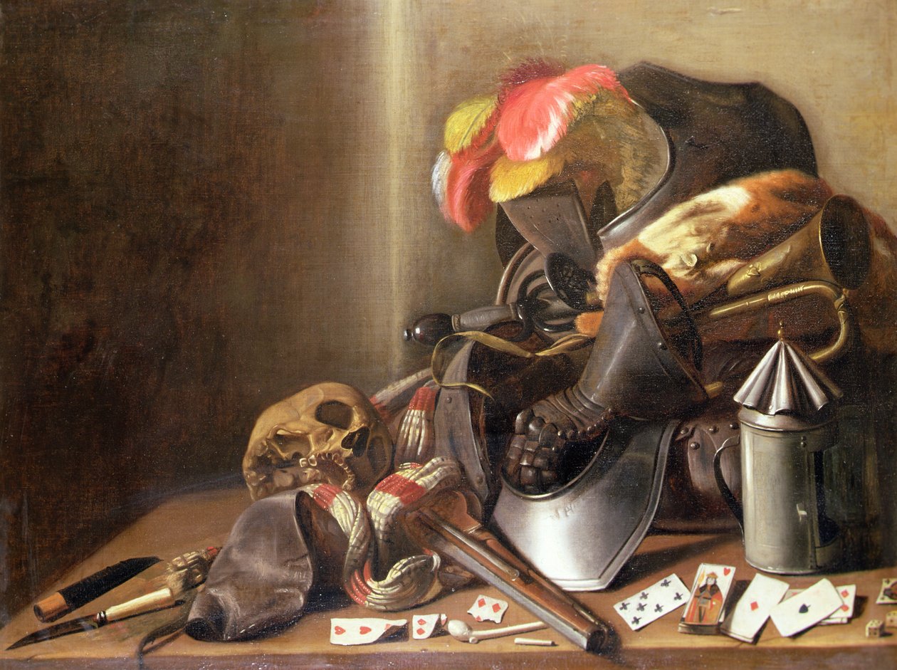 A Vanitas Still Life with a Skull, Playing Cards and Armour