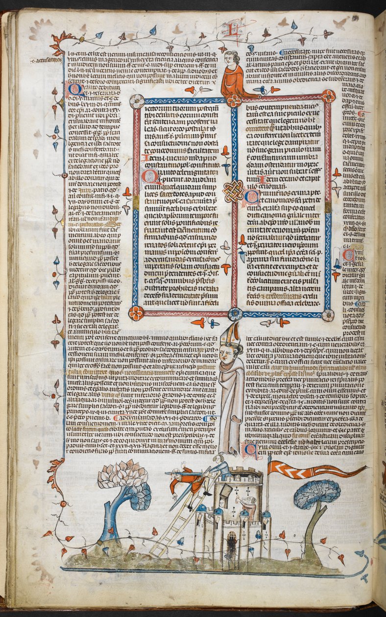 A bas-de-page scene of a man attempting to invade a castle, being killed by one of the defenders, from the Smithfield Decretals by French School