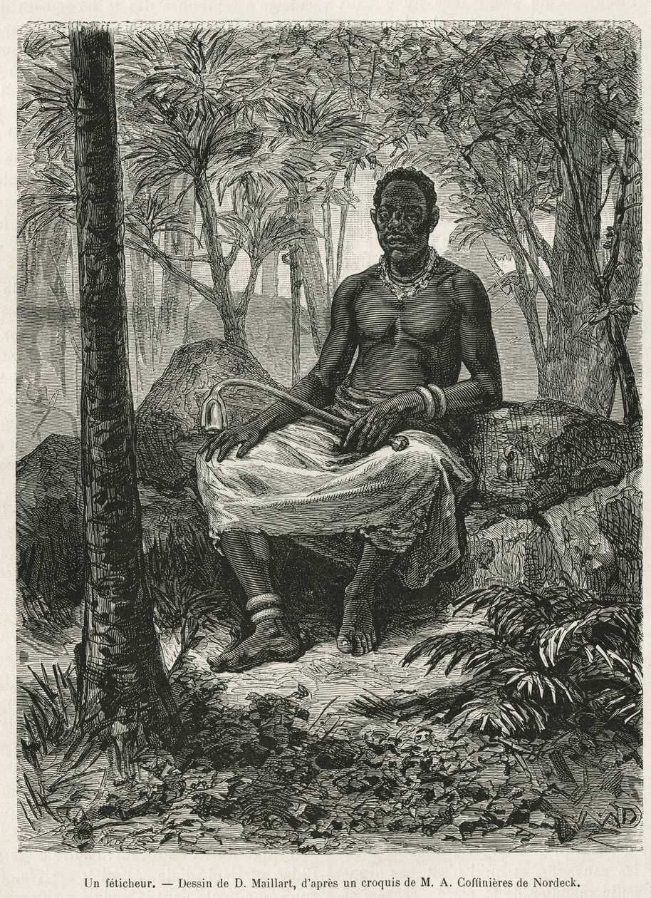 A Feticheur, Sorcerer Able to Use the Magic Force of Fetiches, Drawing by D. Maillart, to Illustrate the Story of a Trip to Gabon and the Ogoue River, in 1875-1877, by Alfred Marche. Engraving in Le Tour du Monde by French School