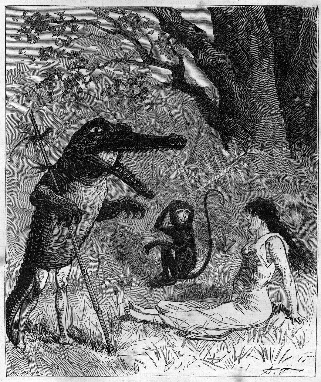 A man in a crocodile skin talks with a young woman who is fainted under the gaze of a monkey. Illustration of 