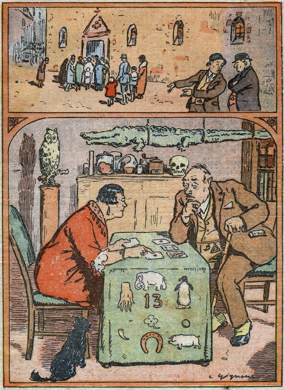 A Man Mocking Faithful Going to Mass, Listening to a Psychic, Cartoon in Le Pelerin, February 26 by French School