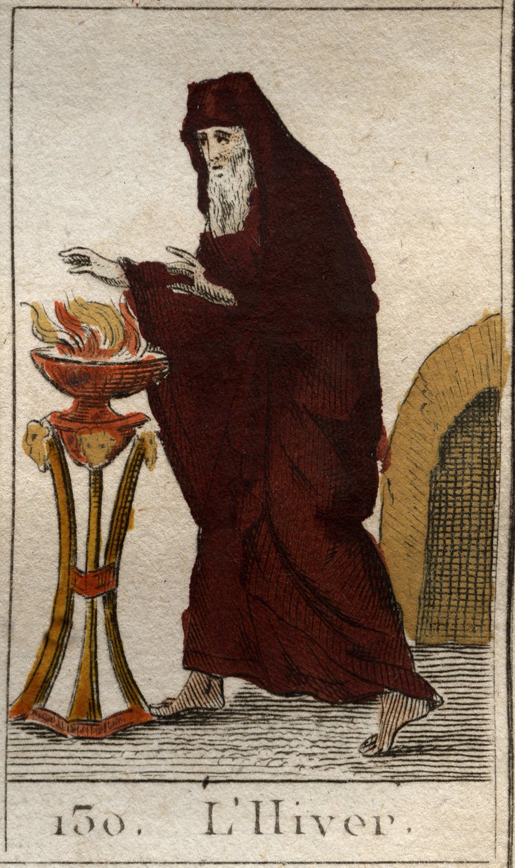 Representation of Winter as an old man warming himself by a fire. From 
