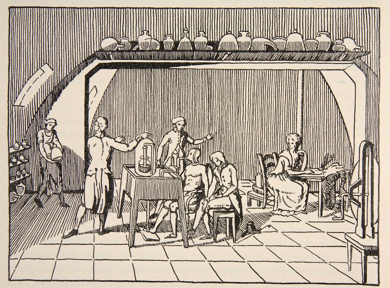 A respiration experiment in the laboratory of Lavoisier, illustration from Histoire de la Nation Francaise, Sciences, Volumes I & II by French School