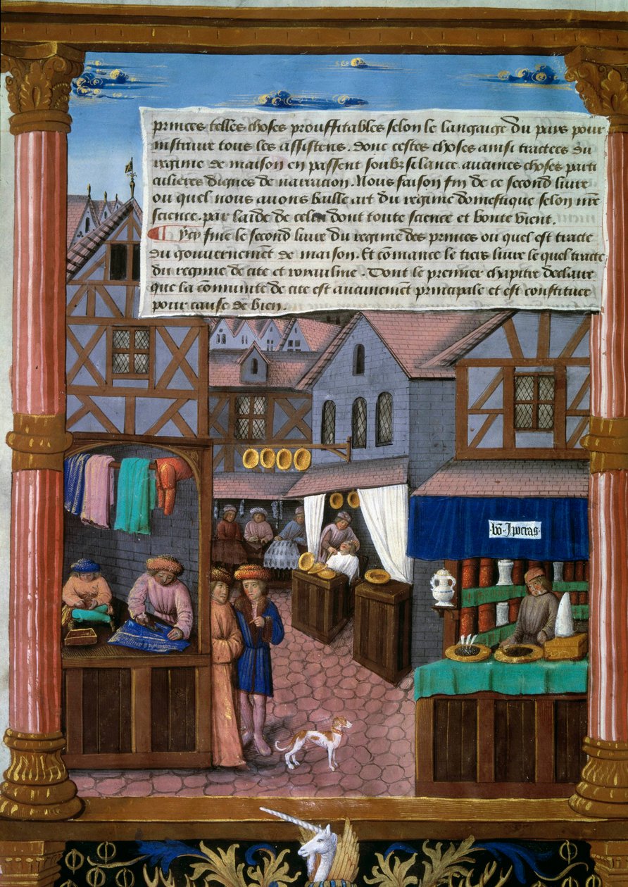 A Rue de Paris with Echoppes at the Beginning of the 16th Century (manuscript page) by French School