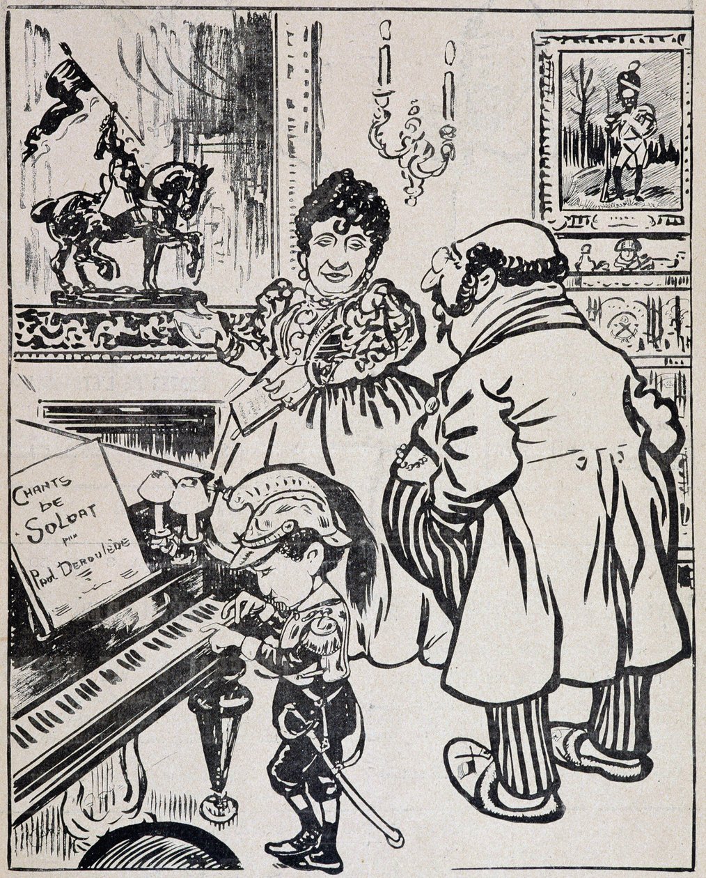 A Used Bronze, Caricature with Battleships, Sheet Music for Deroulede on the Piano and Statuette of Joan of Arc, 