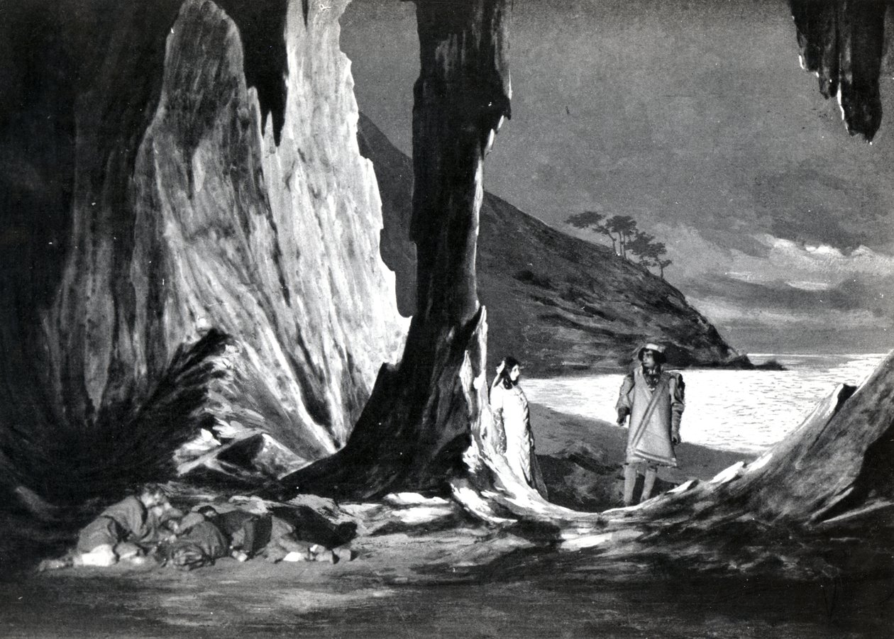 Act II, Scene 3 of Pelleas et Melisande by Debussy (from a photograph of the first production in April, 1902 of the opera at the Opera-Comique in Paris, illustration in Theatre magazine, June, 1902) by French School