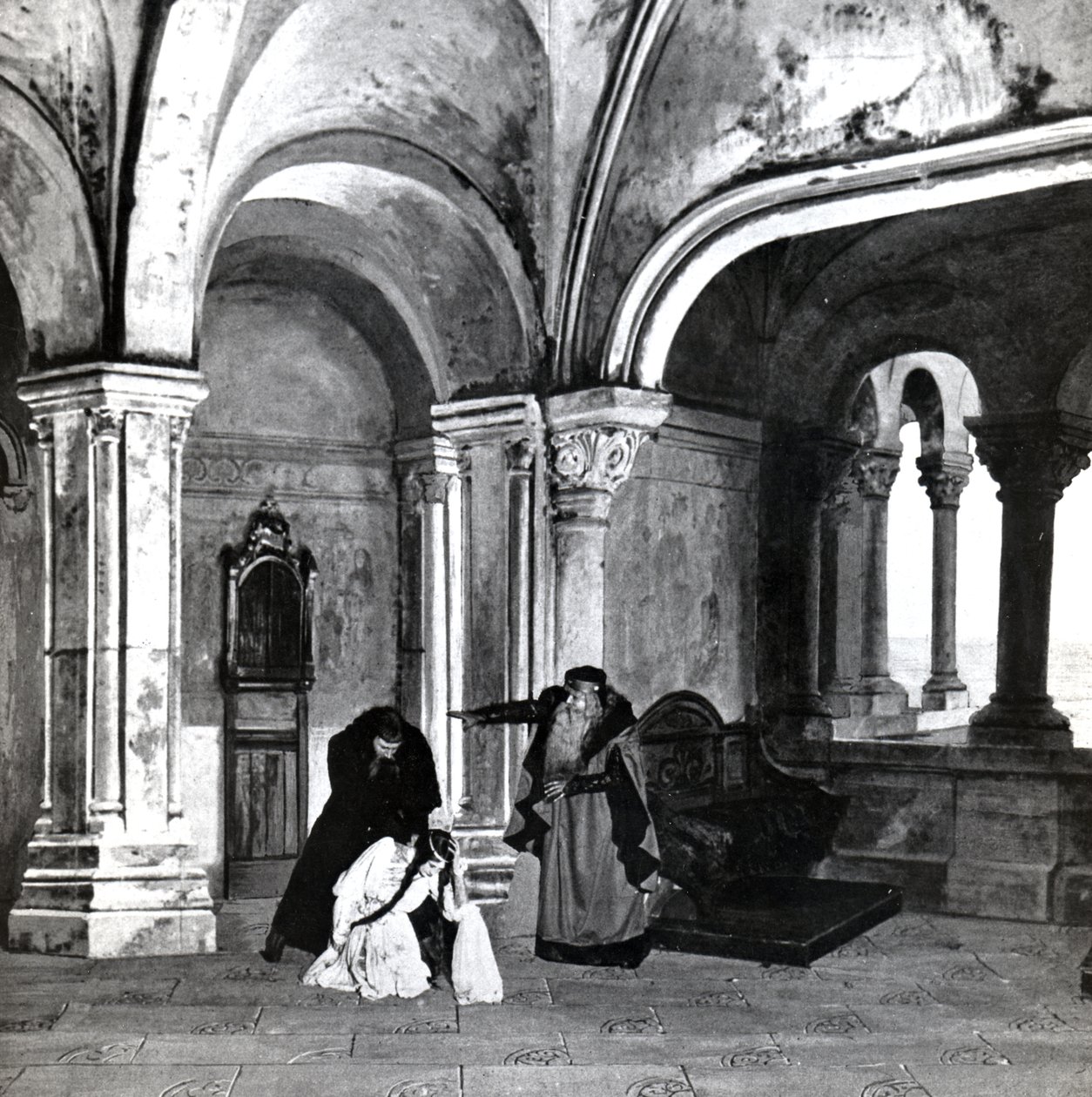 Act IV, Scene 2 of Pelleas et Melisande by Debussy (from a photograph of the first production in April, 1902 of the opera at the Opera-Comique in Paris, illustration in Theatre magazine, June, 1902) by French School