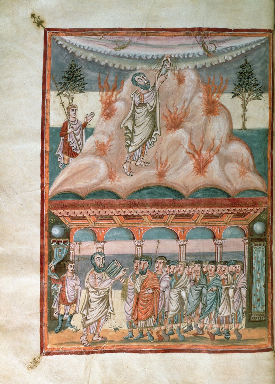 Moses receiving and transmitting the Law of God on Mount Sinai, from the Moutier-Grandval Bible, c.834-843 by French School