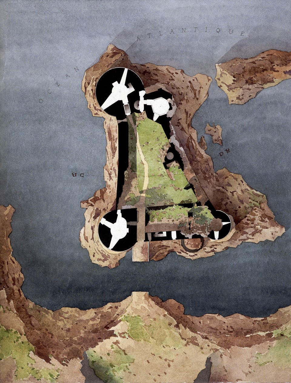 Aerial view of the island of Yeu (Ile-d'Yeu) with plan of the 11th ...