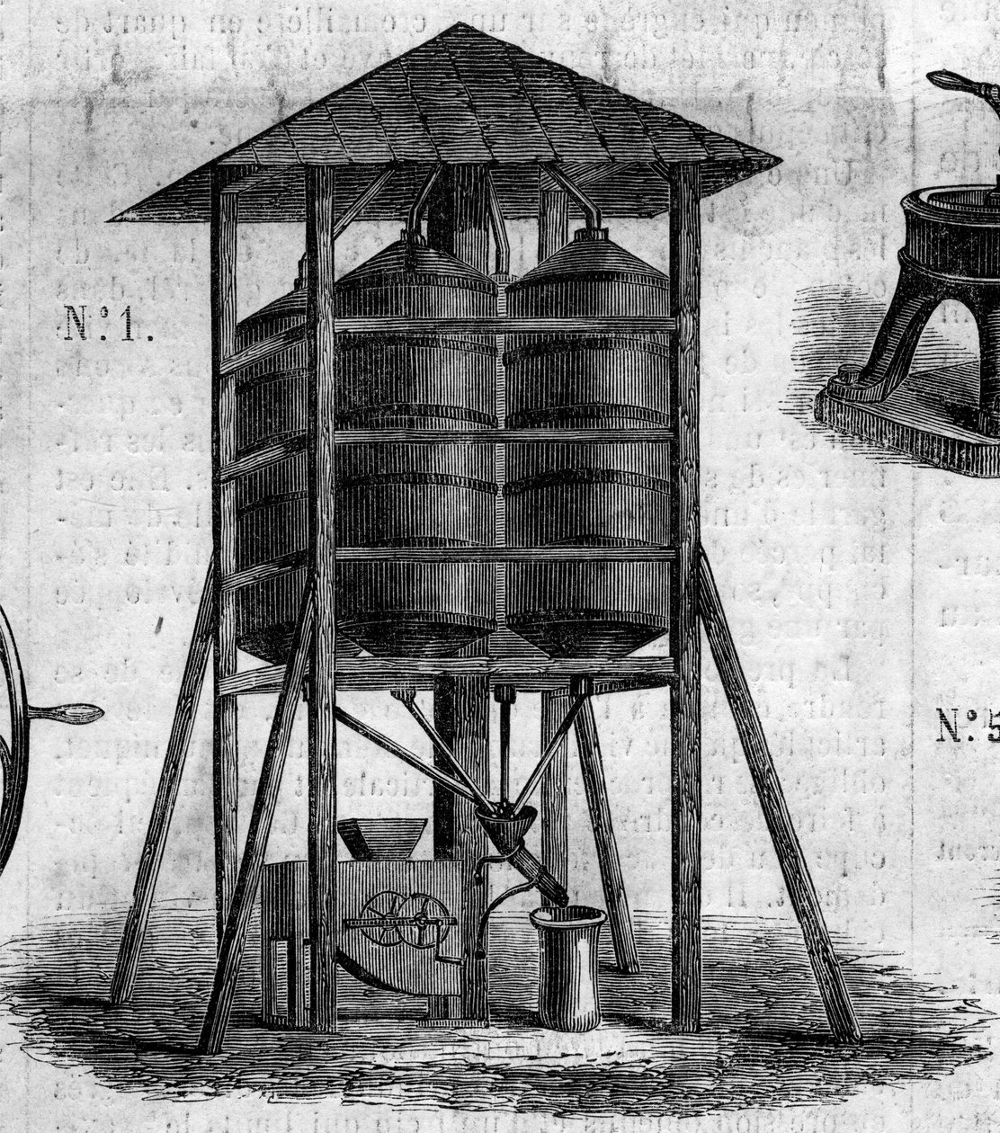 Agricultural machine: a conservative attic for wheat presented at the 1860 Agricultural Exhibition in Paris. Engraving in 