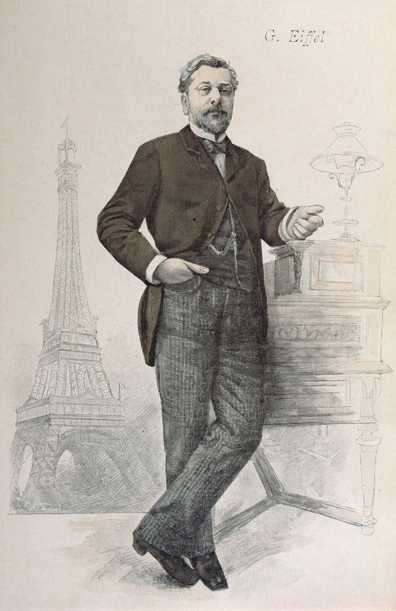 Alexandre Gustave Eiffel posing by his desk with a drawing of the Eiffel Tower, illustration from La Revue Illustrée, 1888 by French School