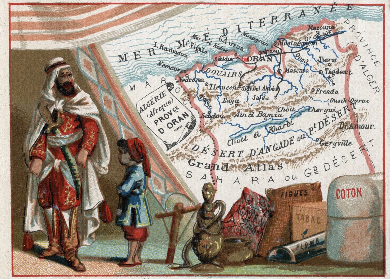 Algeria in Africa and the Province of Oran, France. Series on the French Departments. Import of Figs, Cotton, Tobacco, Agathe and Lead. Chromolithography the geographic thread, circa 1920. Private collection by French School