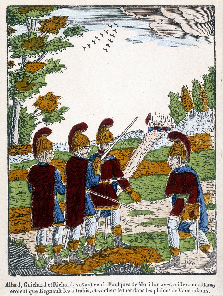 Allard, Guichard and Richard, seeing Coots of Morillon coming with a thousand fighters believe that Regnaut betrayed them, and want to kill him in the plains of Vaucouleurs. Image of Epinal from 1825 depicting a scene of the epic poem by French School