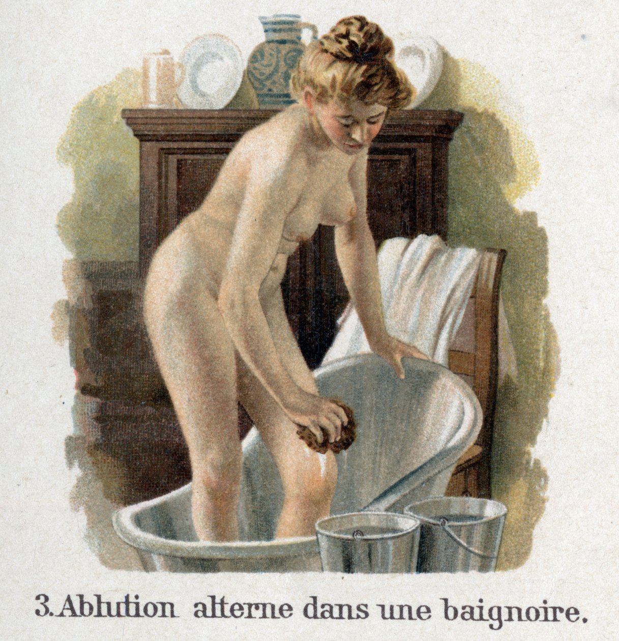Bathing in a Bathtub with Two Buckets, One with Hot Water and the Other with Cold Water by French School