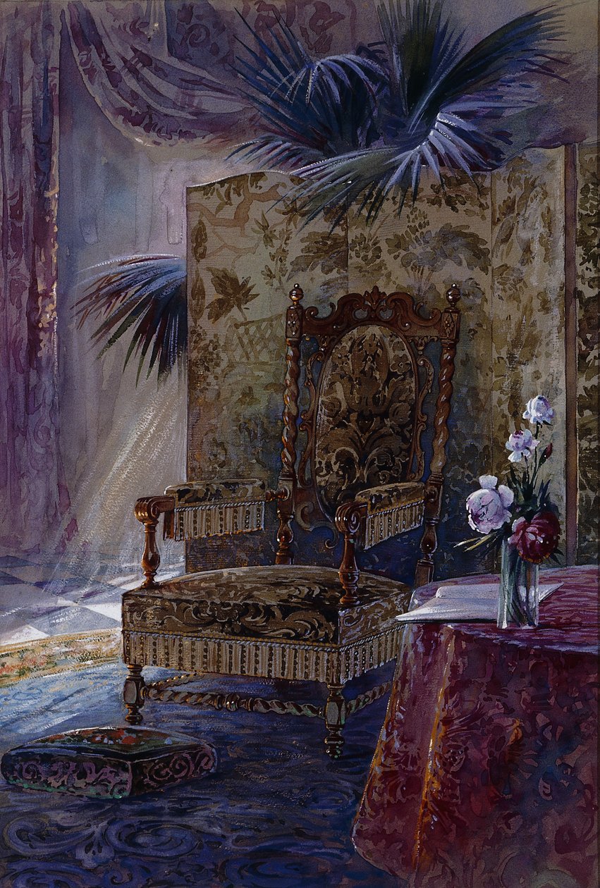 An Interior with a 17th Century walnut upholstered Armchair, c.1880