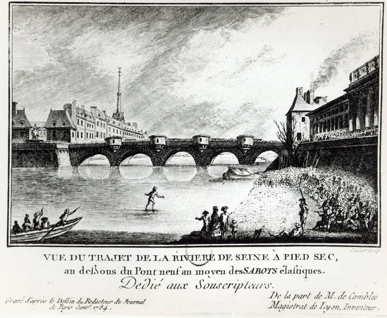 An attempt to walk across the Seine, 1784 by French School