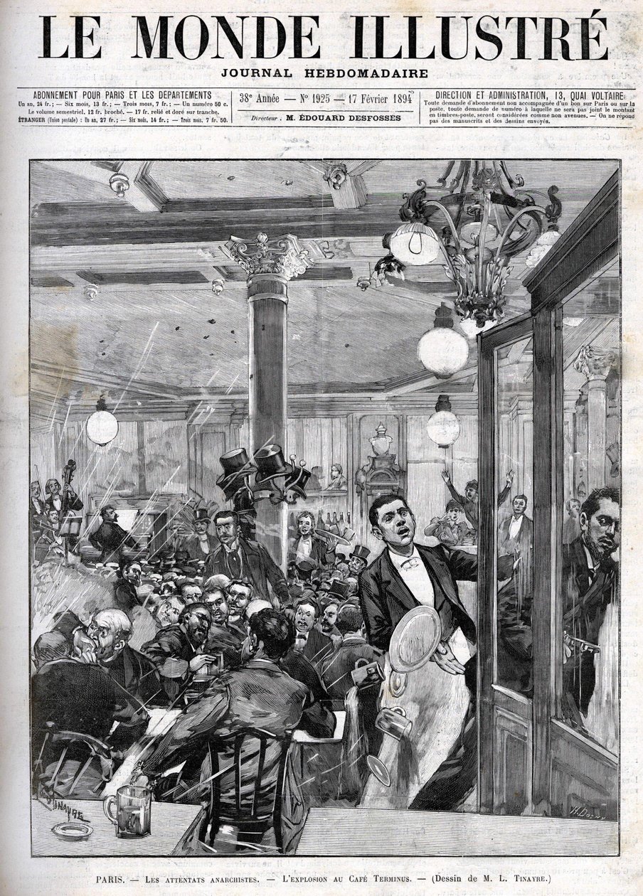 Anarchist attacks in Paris in February 1894. The explosion at the Terminus Cafe. “The Illustrated World” of February 17 by French School