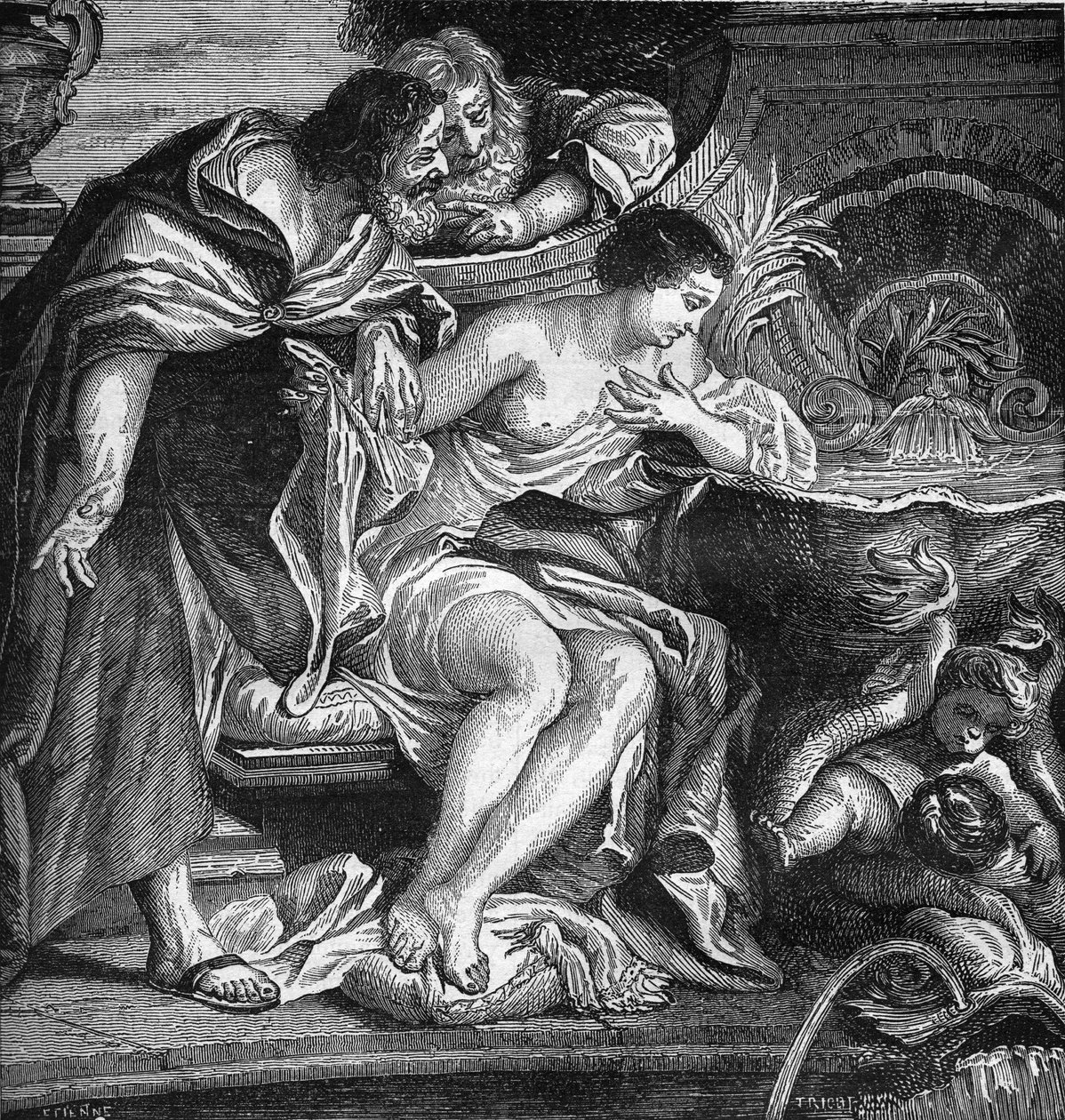 Ancient Egypt: Cheops imagined to prostitute his daughter to pay for the construction of the Pyramids (procuring). Engraving in 