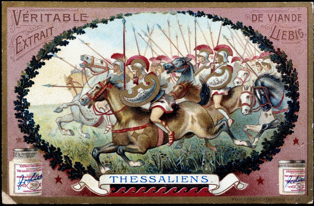 Ancient Greece: Thessaly in Antiquity. Thessalian Cavalry Attack Against the Romans. Liebig Chromolithography from the End of the 19th Century. by French School