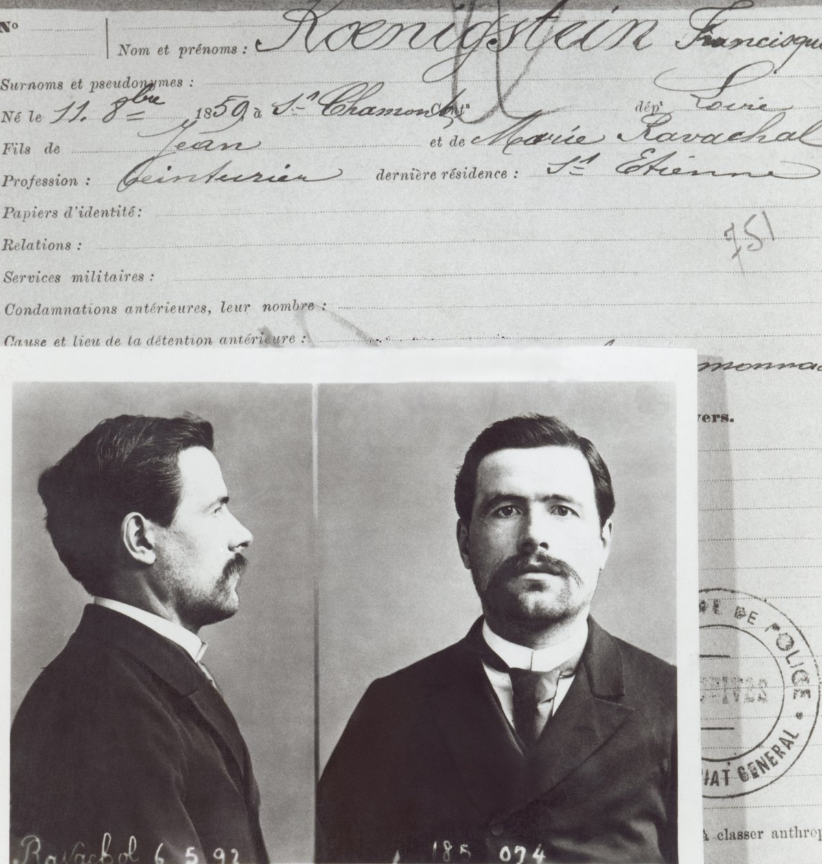 Anthropometric form of Francois Claudius Koenigstein, so-called Ravachol by French School
