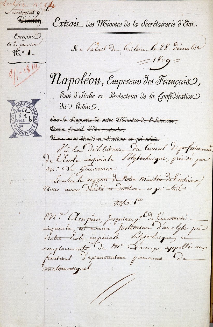 Appointment by Napoleon of André Marie Ampère as inspector of Polytechnique - Mandatory Mention: Archives of the Bibl. de l