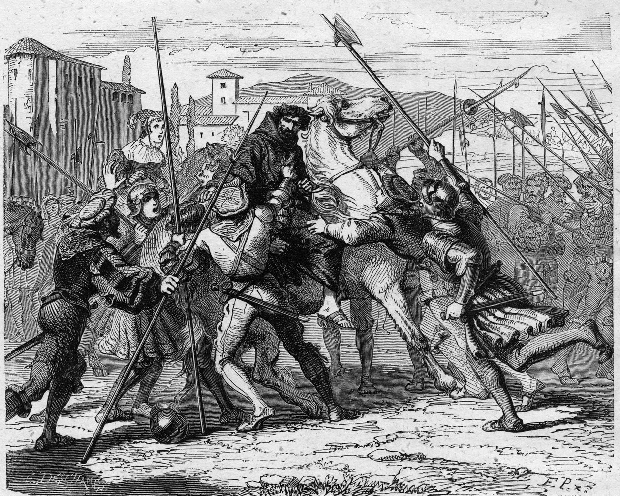 Arrest of Ludovico Maria Sforza, known as il Moro (1452-1508) in Milan in 1500. Betrayed by Swiss mercenaries, he fell into the hands of the French army. Engraving in 