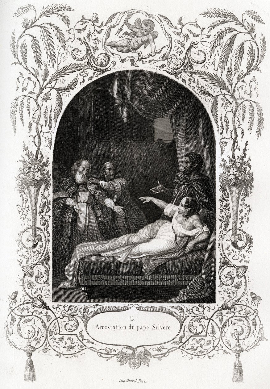 Arrest of Pope Silvere (Silverio). Engraving to illustrate 