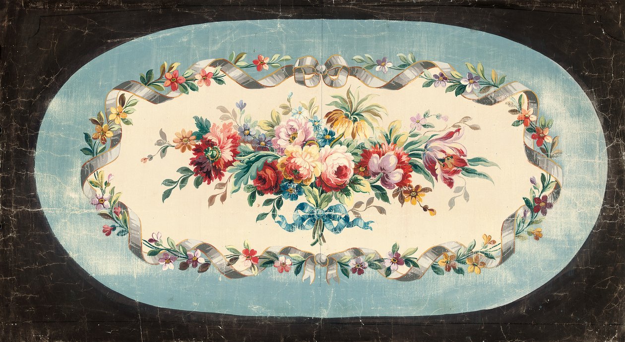 Aubusson design for a sofa back or seat back of sprays of mixed flowers within ribboned and floral borders by French School
