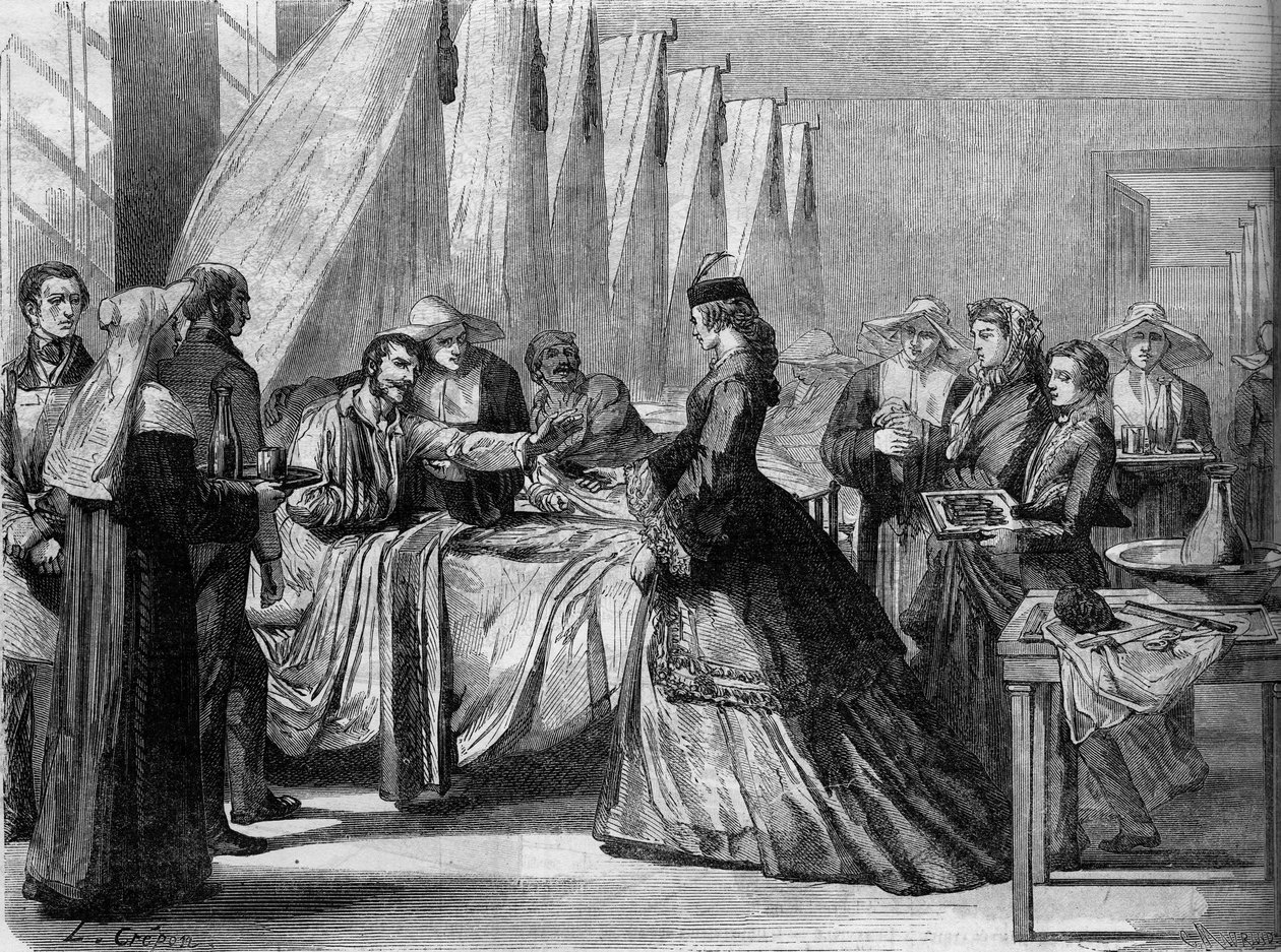 Austro-Prussian War (1866): Empress Elizabeth of Austria (Sissi) (1837-1898) visits wounded soldiers in Vienna. Engraving in "Le Monde Illustre" No. 486 of August 4 by French School