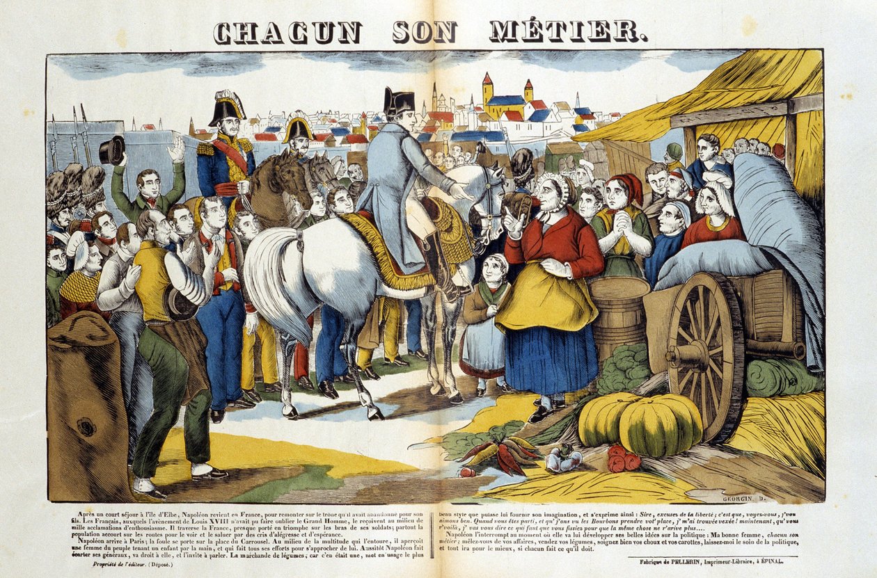 Back from Elba Island, Napoleon was greeted with enthusiasm by the French. Picture of Epinal by French School