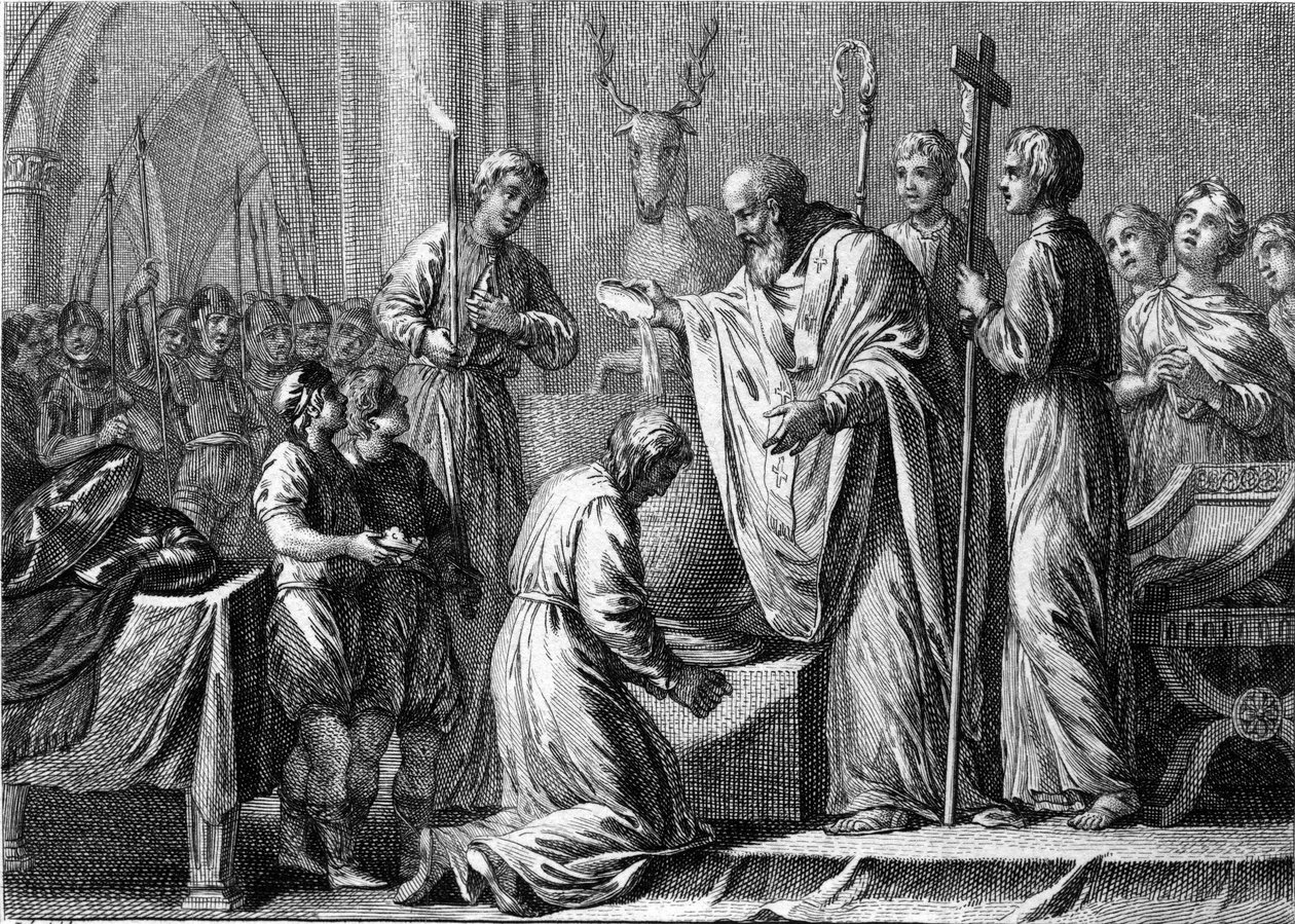 Baptism of Clovis I, 25th December 496: the king of the Franks (466-511) is baptized by Saint Remi (437-533), bishop of Reims, in the church of Saint Martin by French School